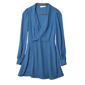 Lani The Label Wrap Shawl Collar Side Button Long Sleeve Mini Dress S Blue NWT
